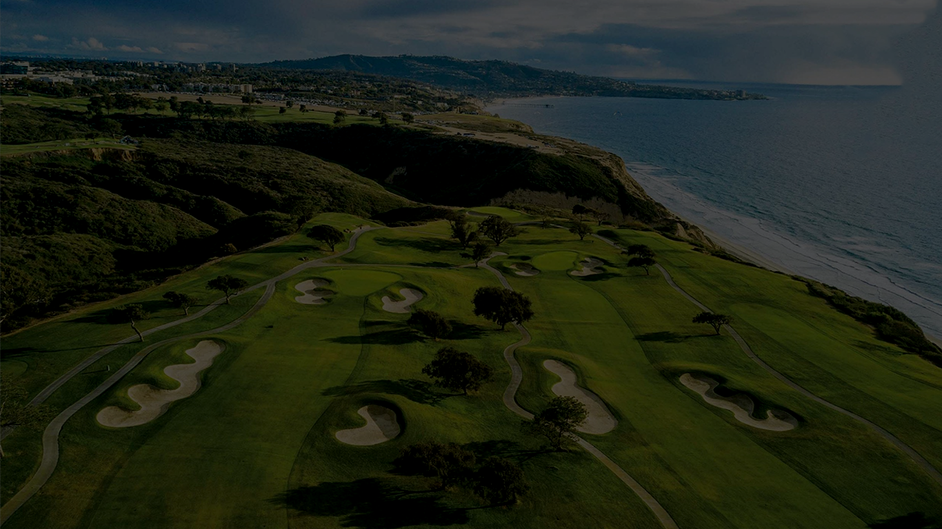 Aerial view of Torrey Pines Golf Course and the La Jolla Shores coast line in La Jolla, California. 