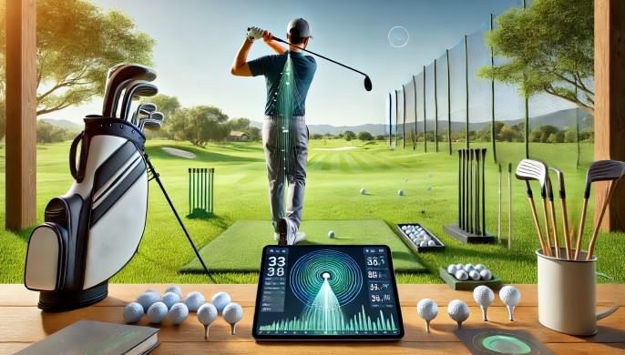 Golfer analyzing swing data on an AI-powered coaching app during practice